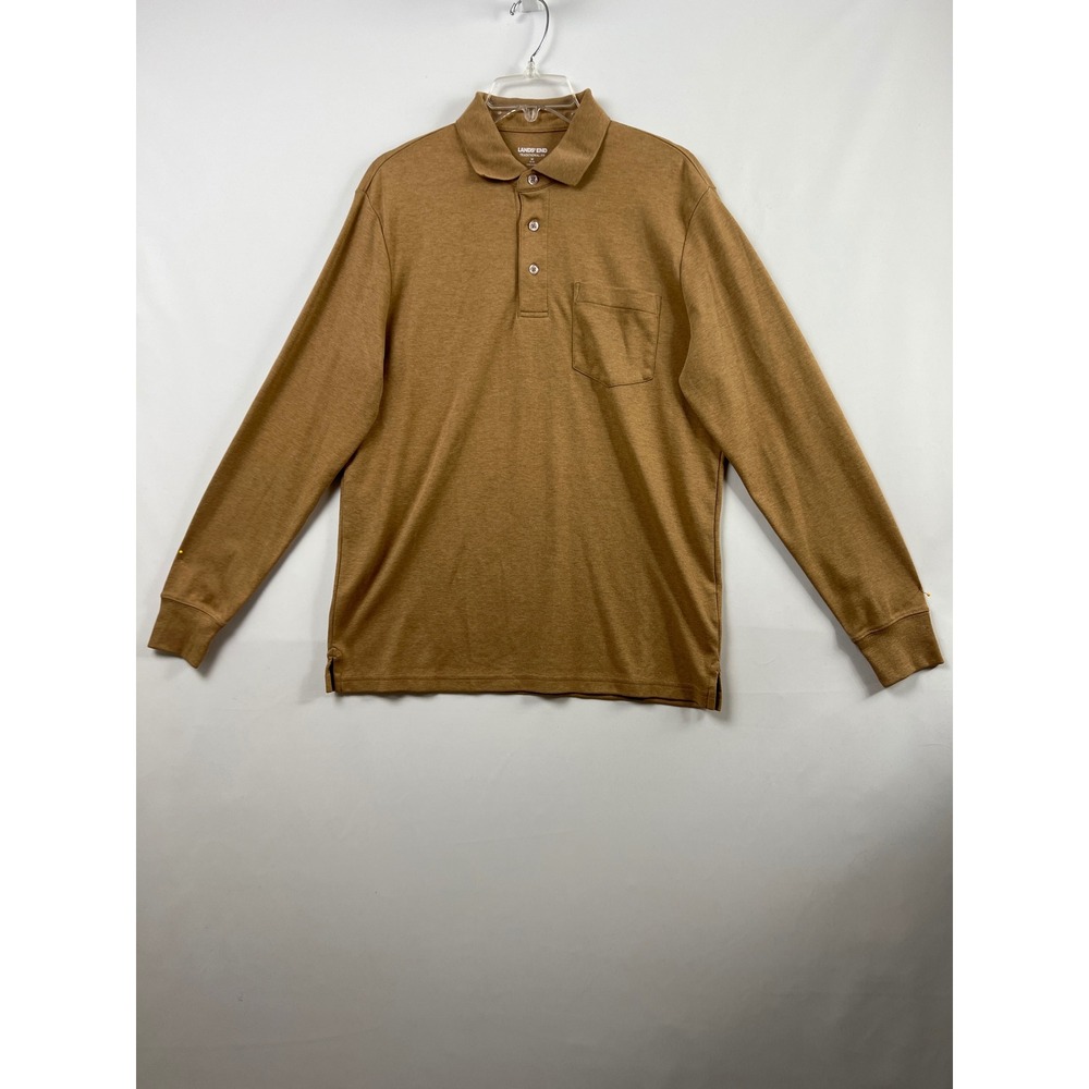 Lands' End Polo Shirt Mens Medium Brown Long Sleeve Supima Cotton Pocket Casual